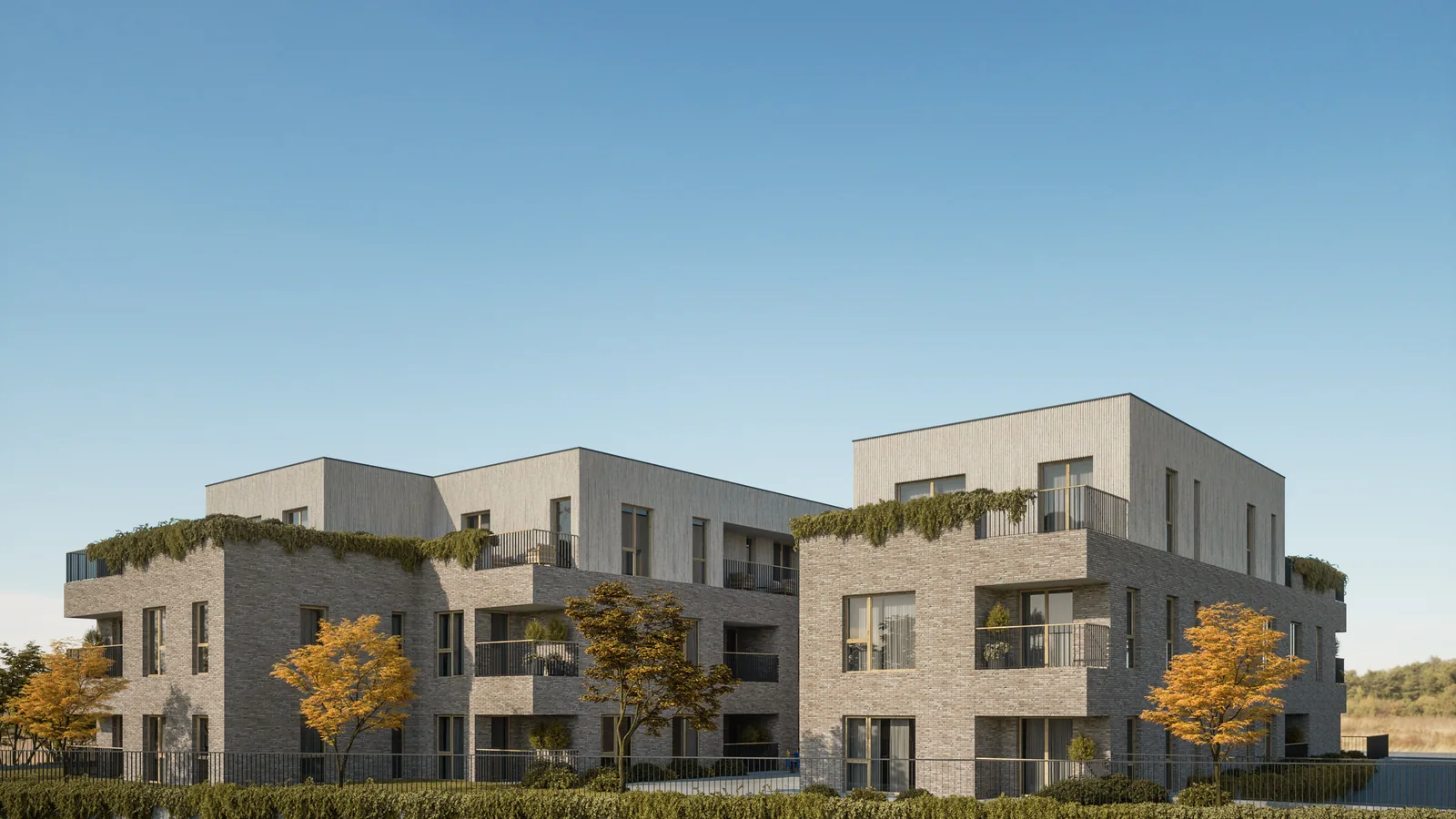 ResidenceZ Zabok — dnevna vizualizacija zgrade od fasadne opeke sa zelenim terasama