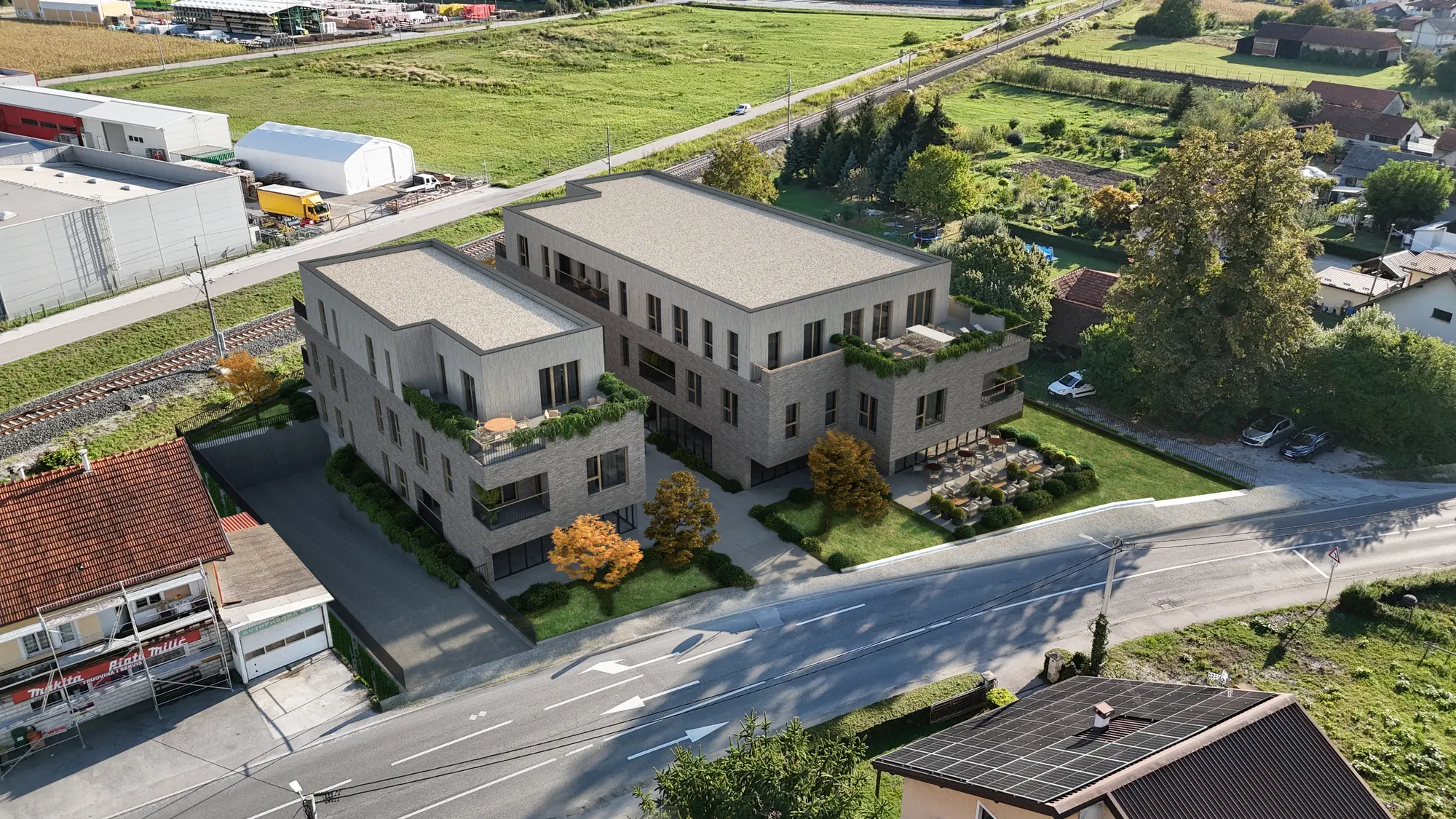 ResidenceZ Zabok iz zraka — vizualizacija zgrada s okolicom